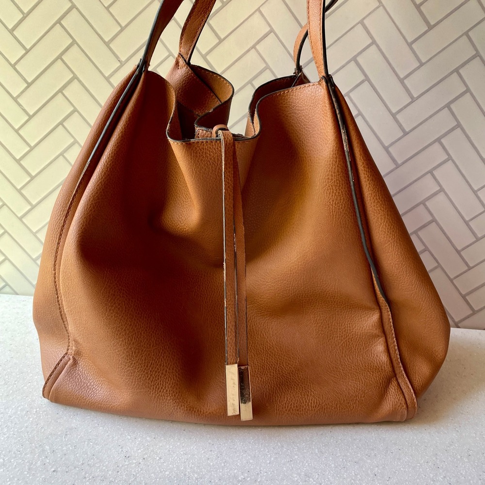 Large Cognac Brown Pebbled Faux Leather Hobo Shoulder Bag Tote with Gold Accents - Picture 3 of 11